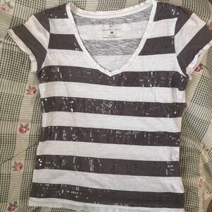 New York & Company Black and White Sequin Striped Tee